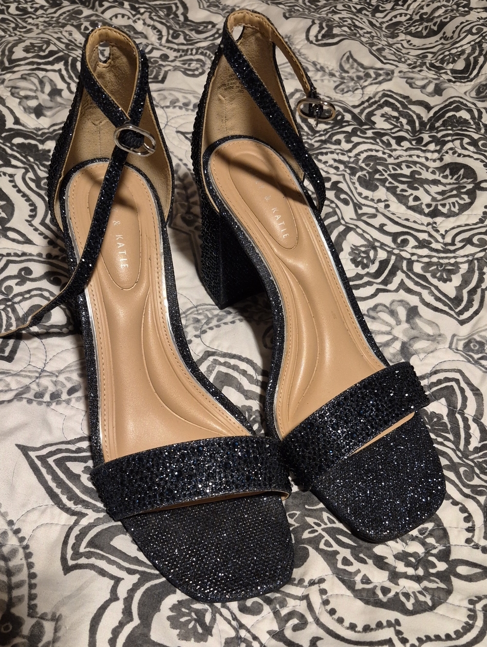Kelly & Katie Black Glitter Block Heel Sandals